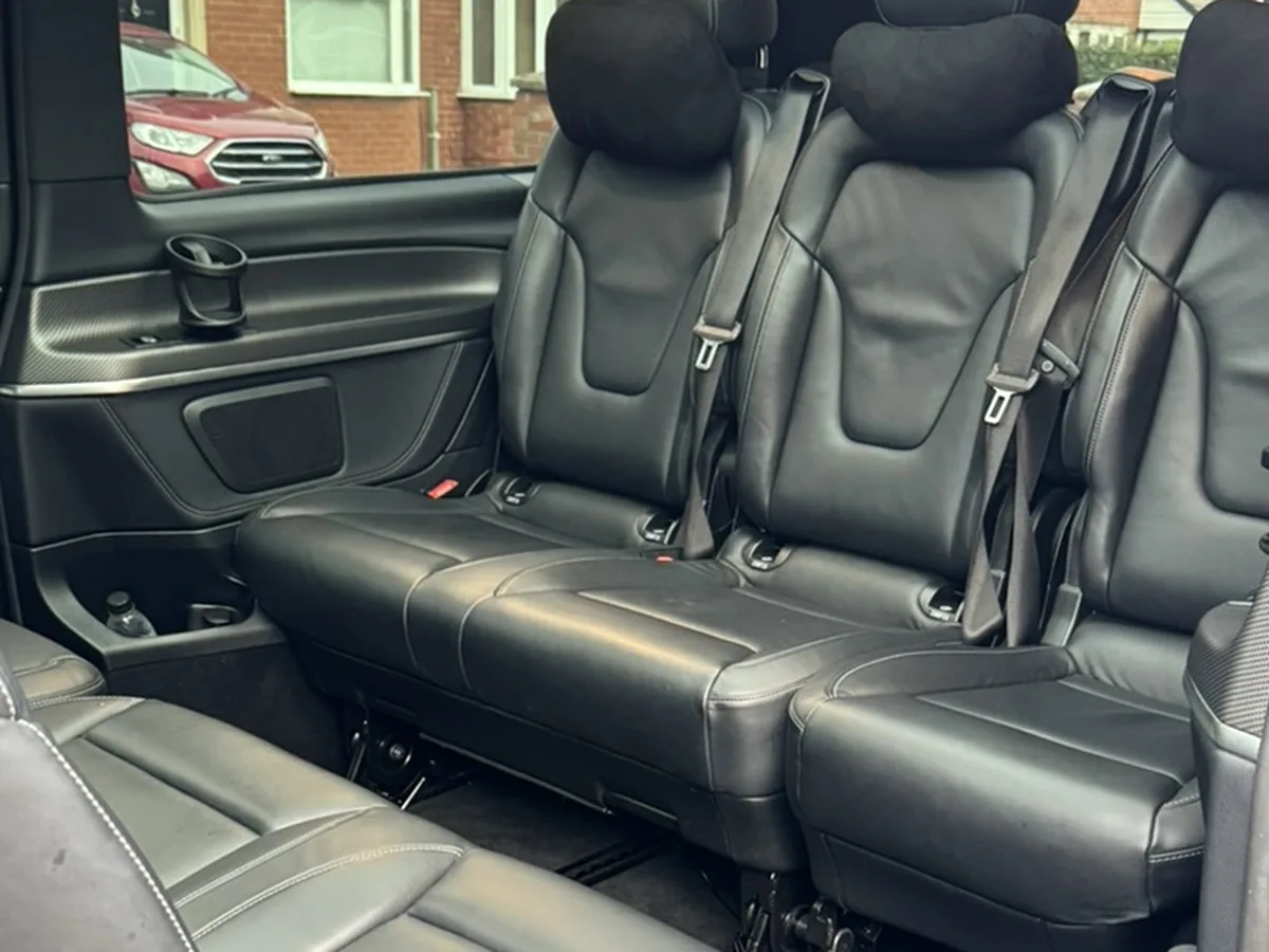 Prom car hire Manchester: standard Mercedes V-Class interior with black leather rear seats