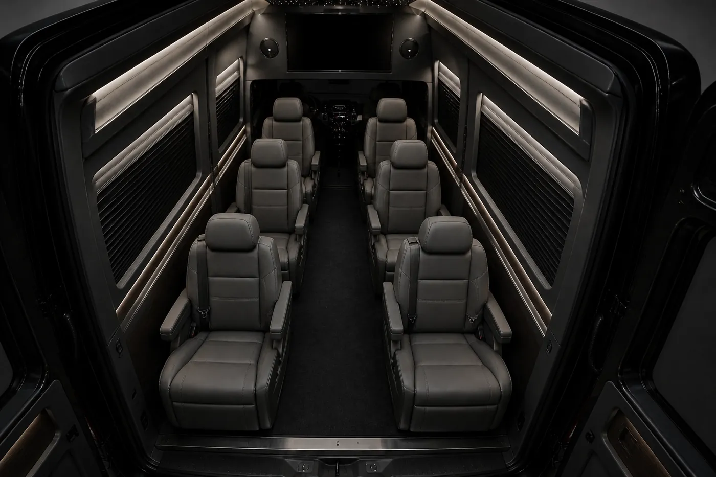 Executive Sprinter interior with leather seats and starlight ceiling